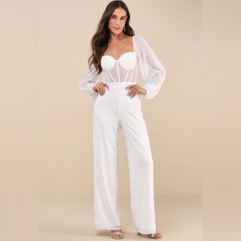 LULUS White Balloon Mesh Bustier Jumpsuit